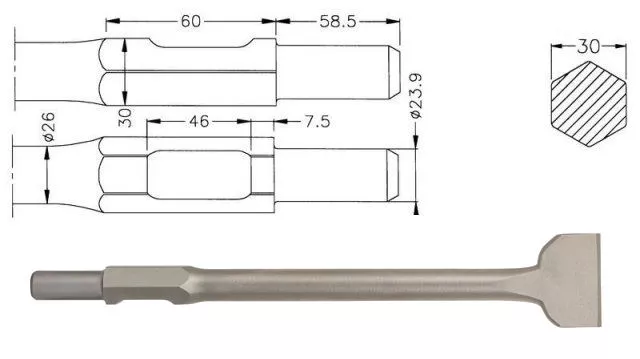 Burin bêche emmanchement 6 pans 30 mm